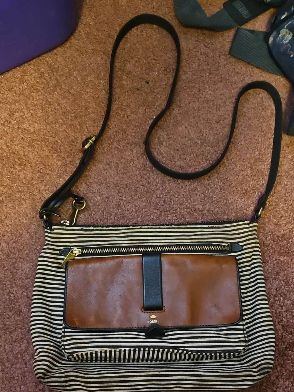 Fossil Black & Brown Striped Crossbody with Brown Front Pocket